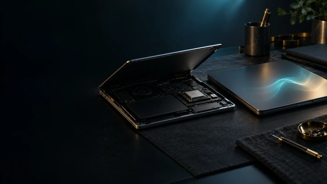 Concept artwork comparing an independent circuit module with a laptop software layer on a studio workbench.