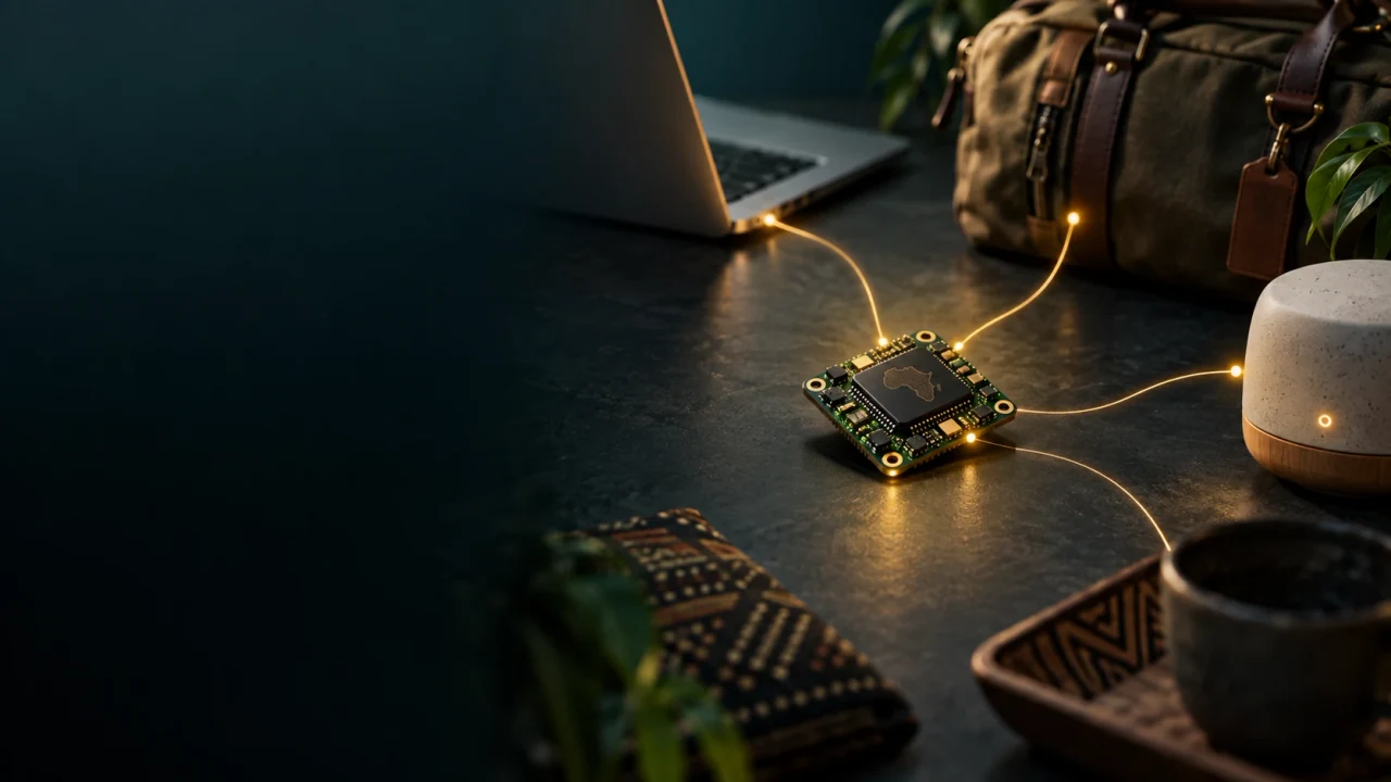 Concept artwork of a compact circuit module connecting quietly to everyday physical objects.