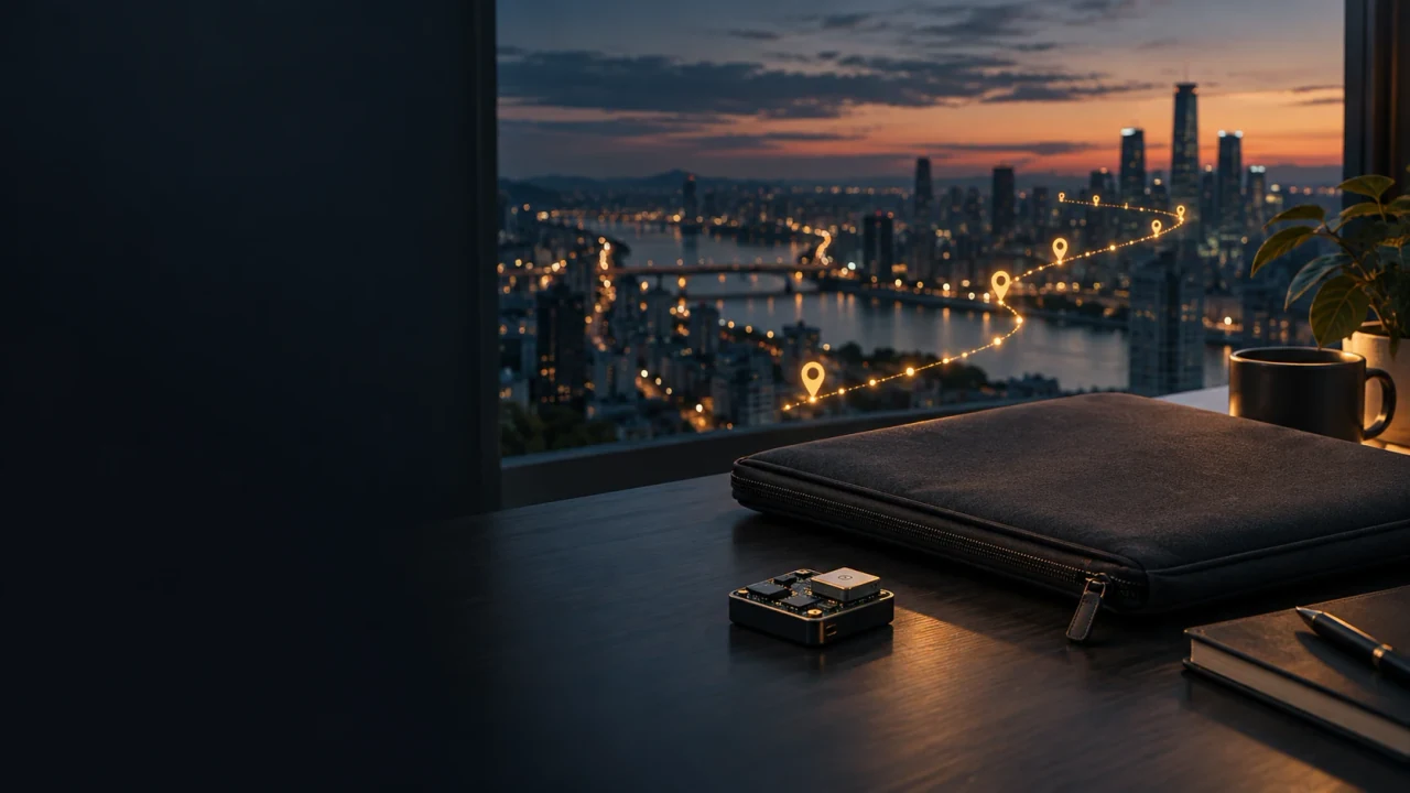 Concept artwork of a laptop sleeve and compact tracking circuit near a calm cityscape at dusk.