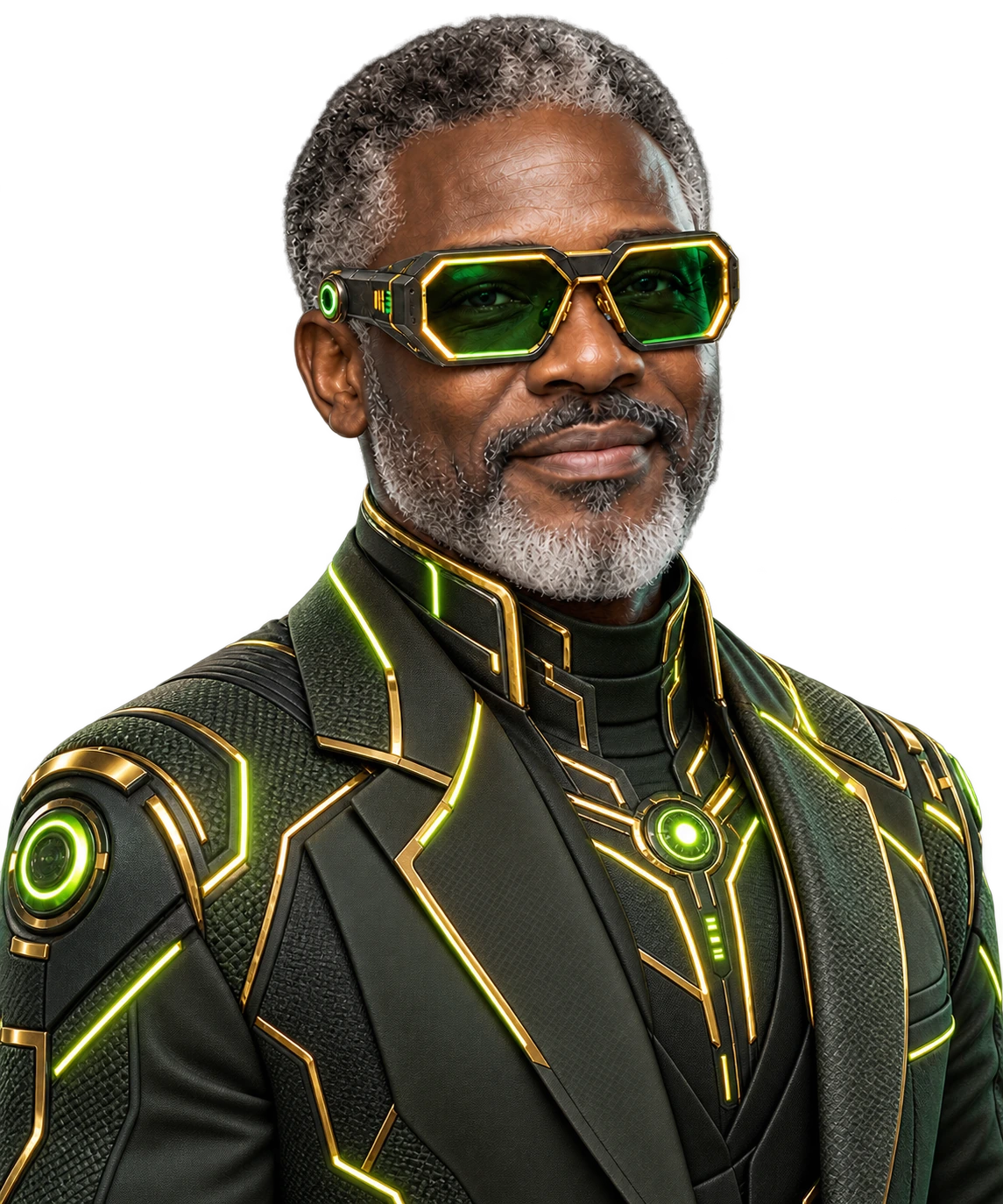 Concept portrait of a reassuring futuristic supporter in angular illuminated cybernetic glasses and a luminous green smart suit.