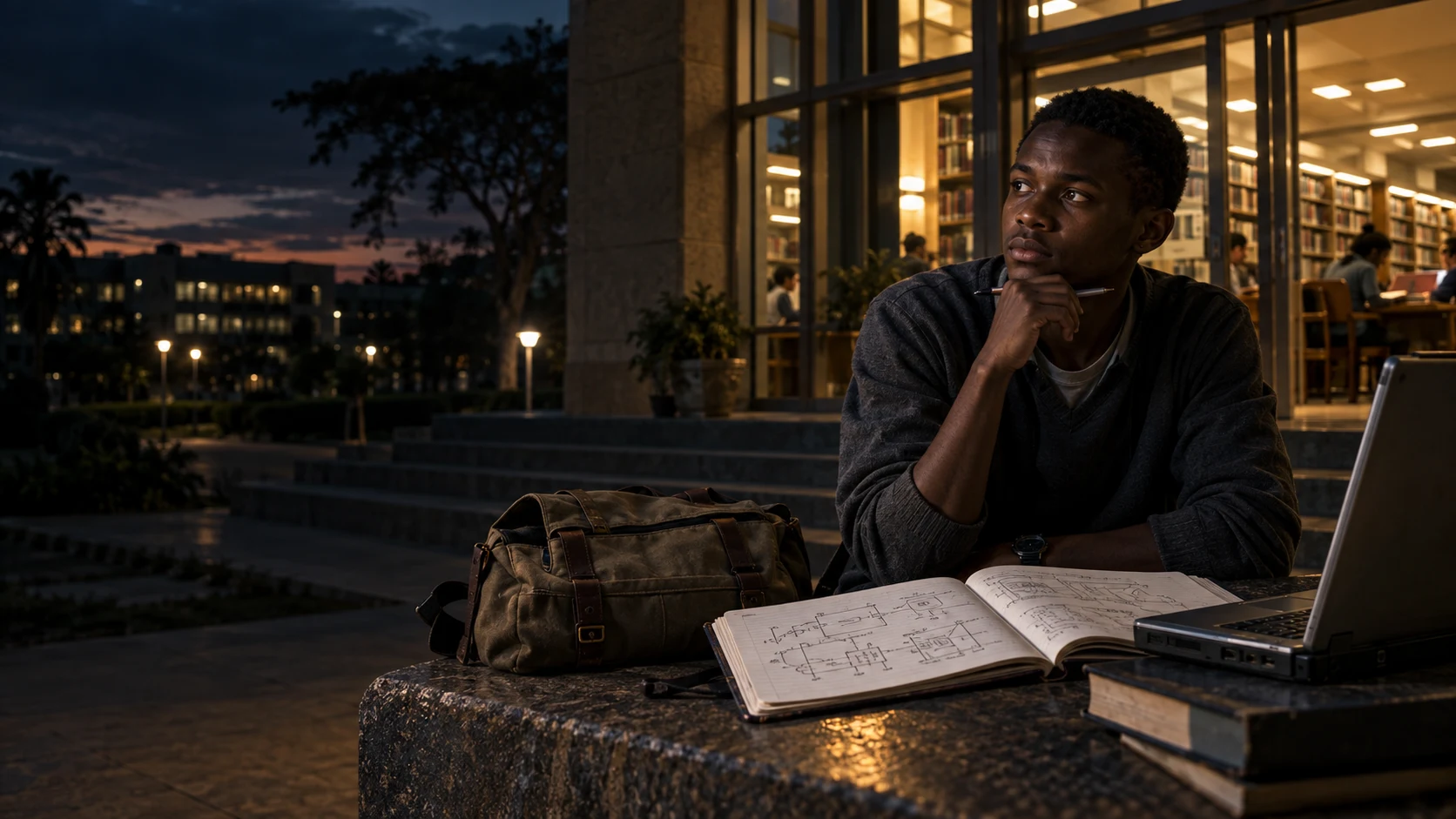 Concept artwork of a Kenyan student at a university library entrance with early electronics sketches and a laptop bag.