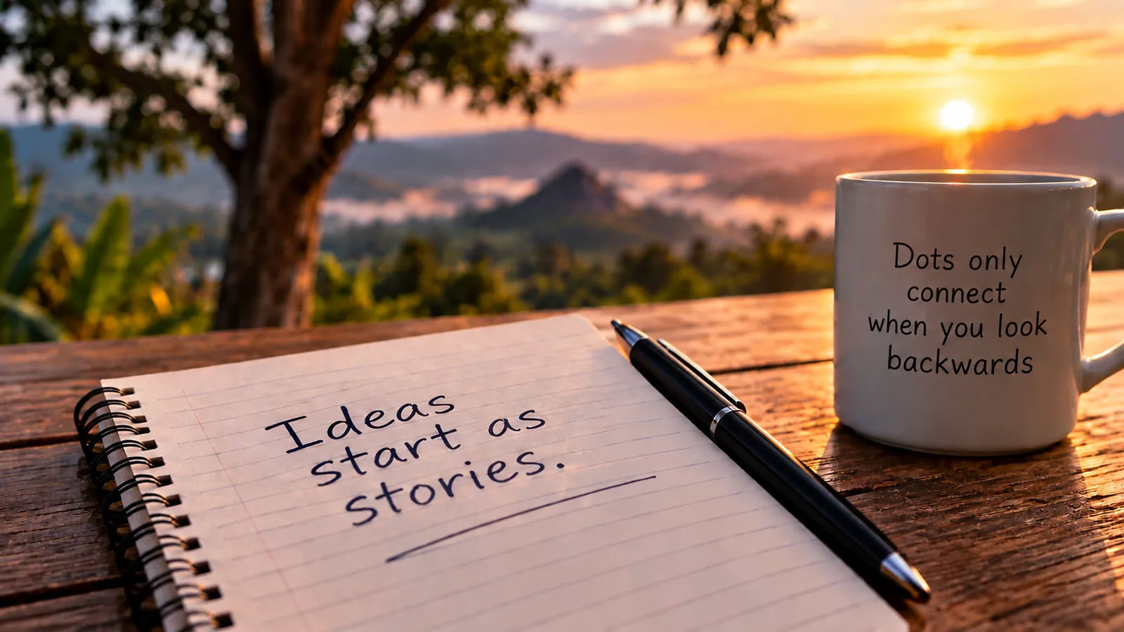 Founder’s Story Part I hero: a notebook at sunrise with the words Ideas start as stories.