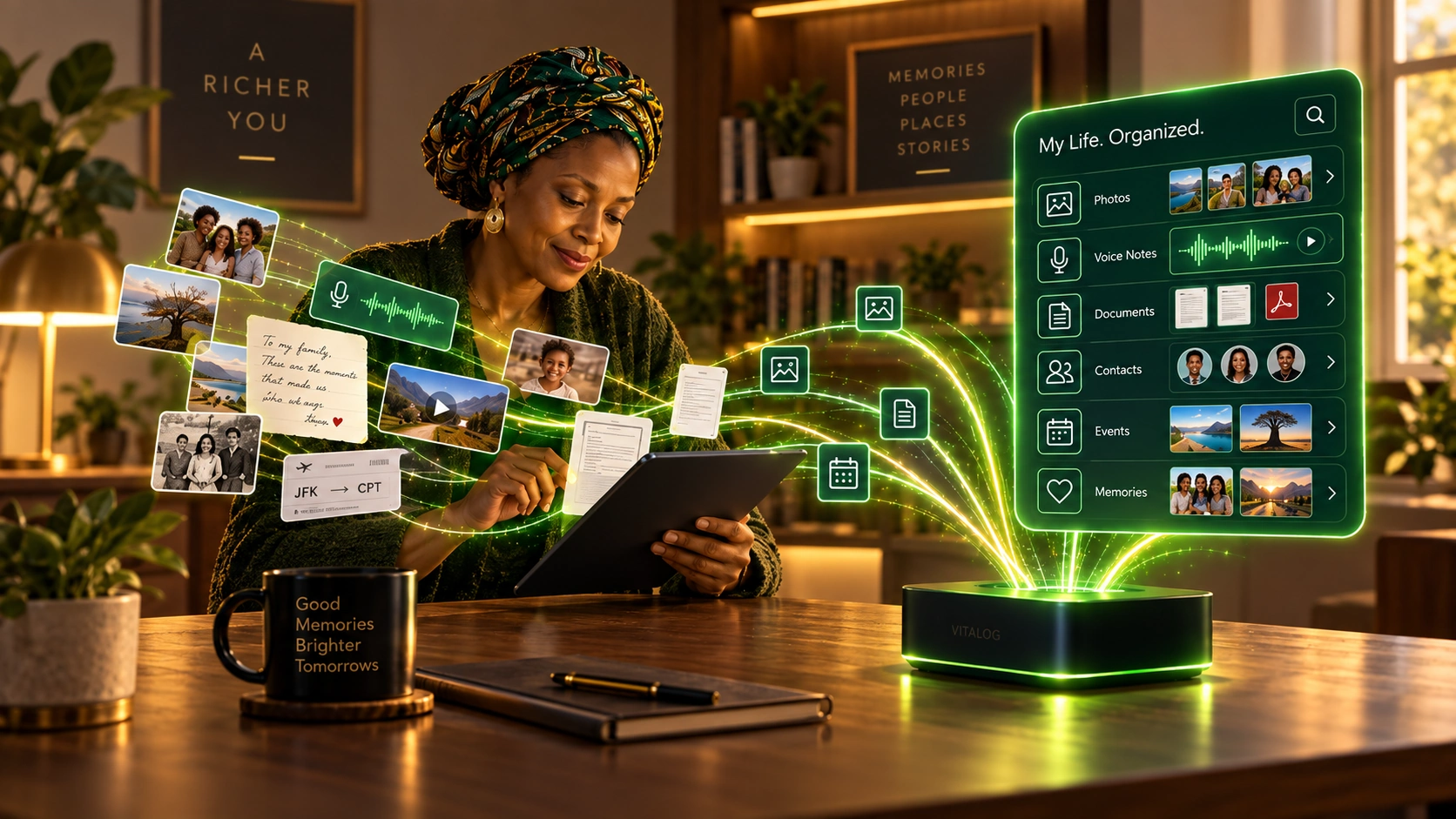 Concept artwork of a person beside Matrix Blackbox, with real-world signals flowing into XB Lifelog and becoming organised life-domain cards and a timeline.