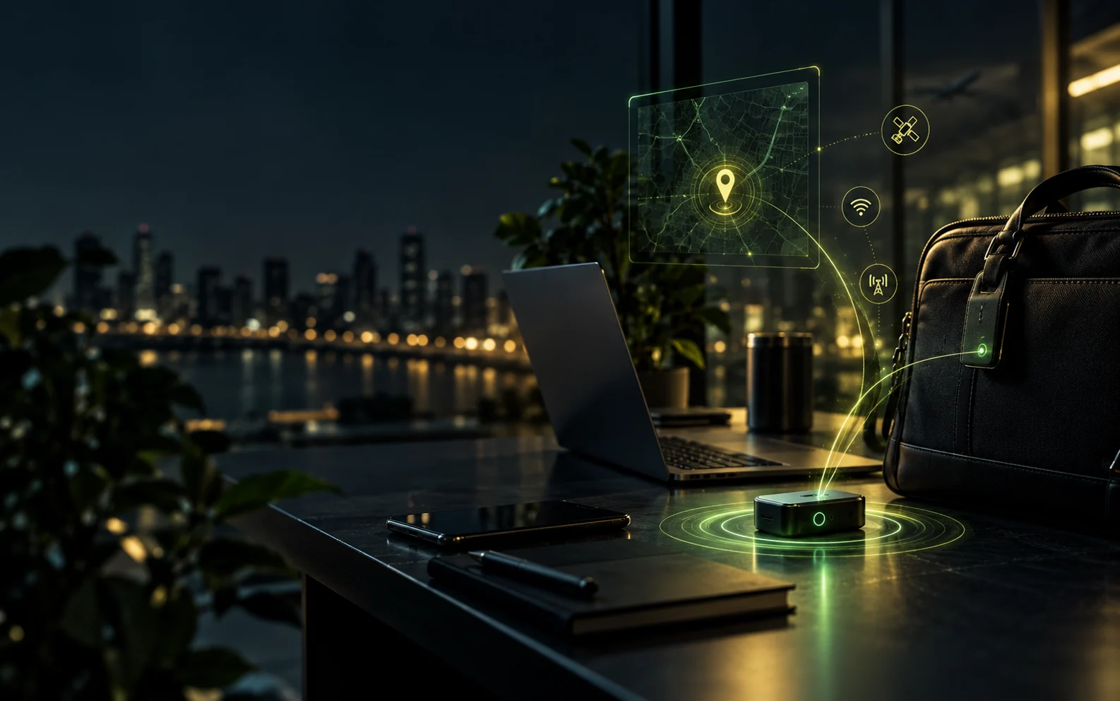 Illustrative laptop and work bag with location and sensing cues in a dark workspace. The rendered device is conceptual, not a photograph of the Matrix Blackbox PCB.
