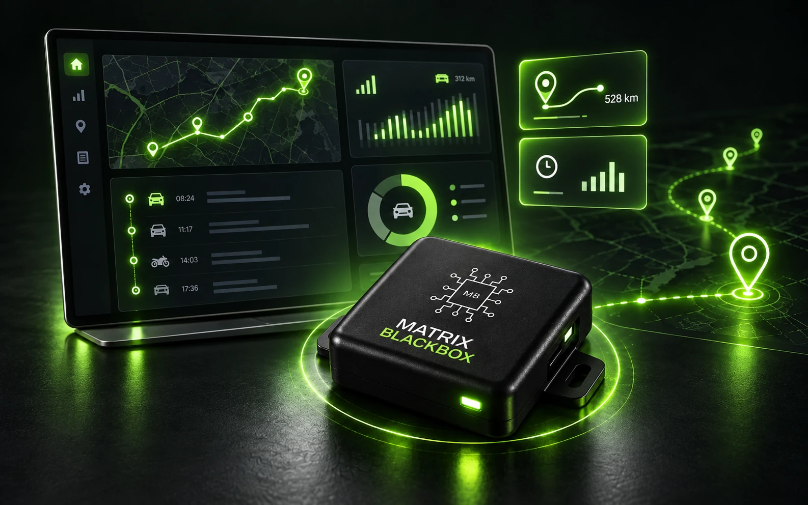 Matrix Blackbox telematics dashboard showing reporting charts, tracking data and device status.