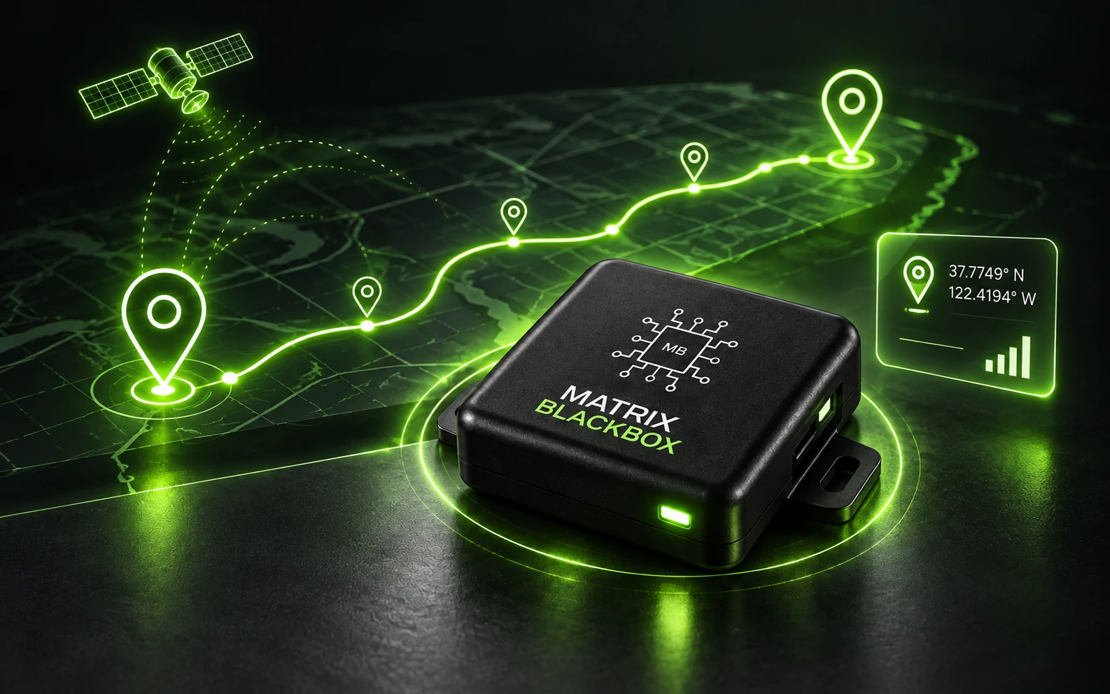 Matrix Blackbox GPS tracking view with a neon route map and geofence indicators.
