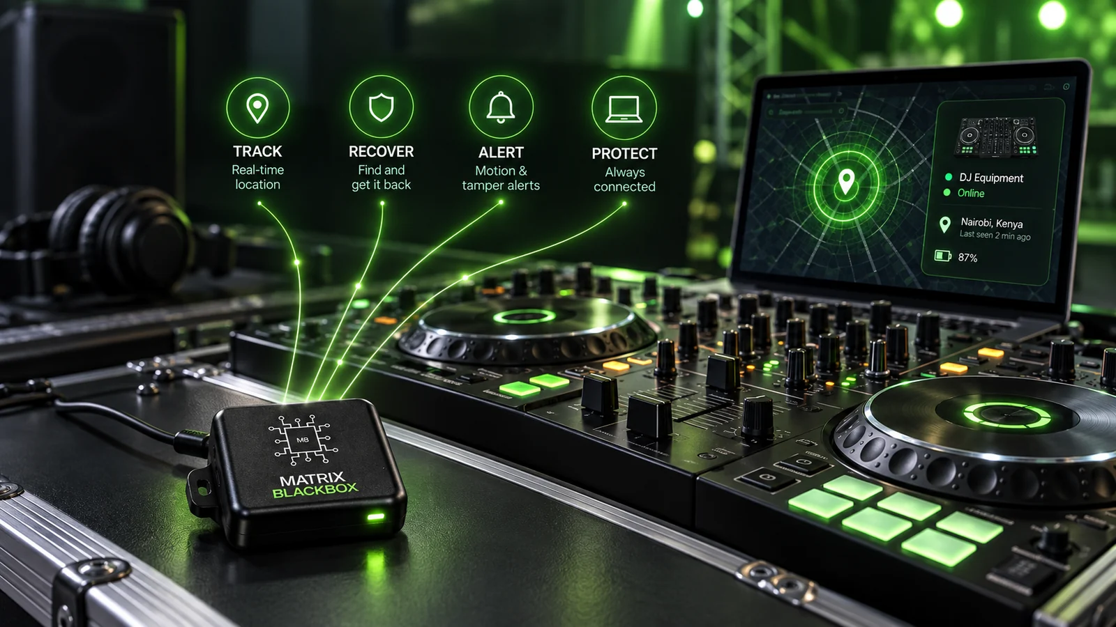 A Matrix DJ Mixer Blackbox concept shown with a DJ equipment tracking setup.