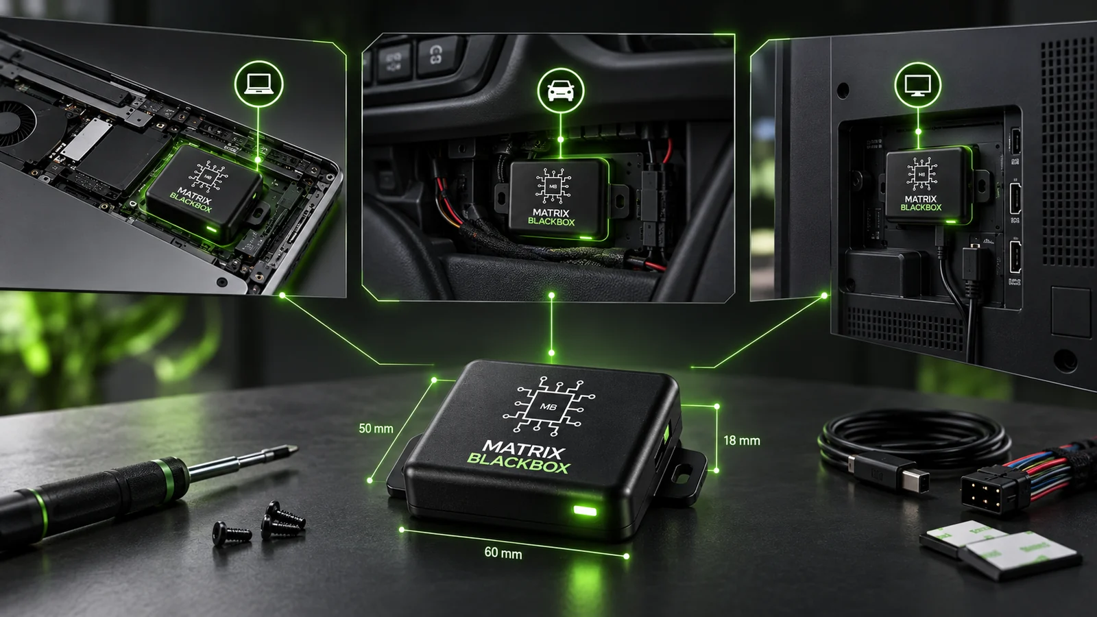 Matrix Blackbox installation concept showing compact board fit options and supporting accessories.