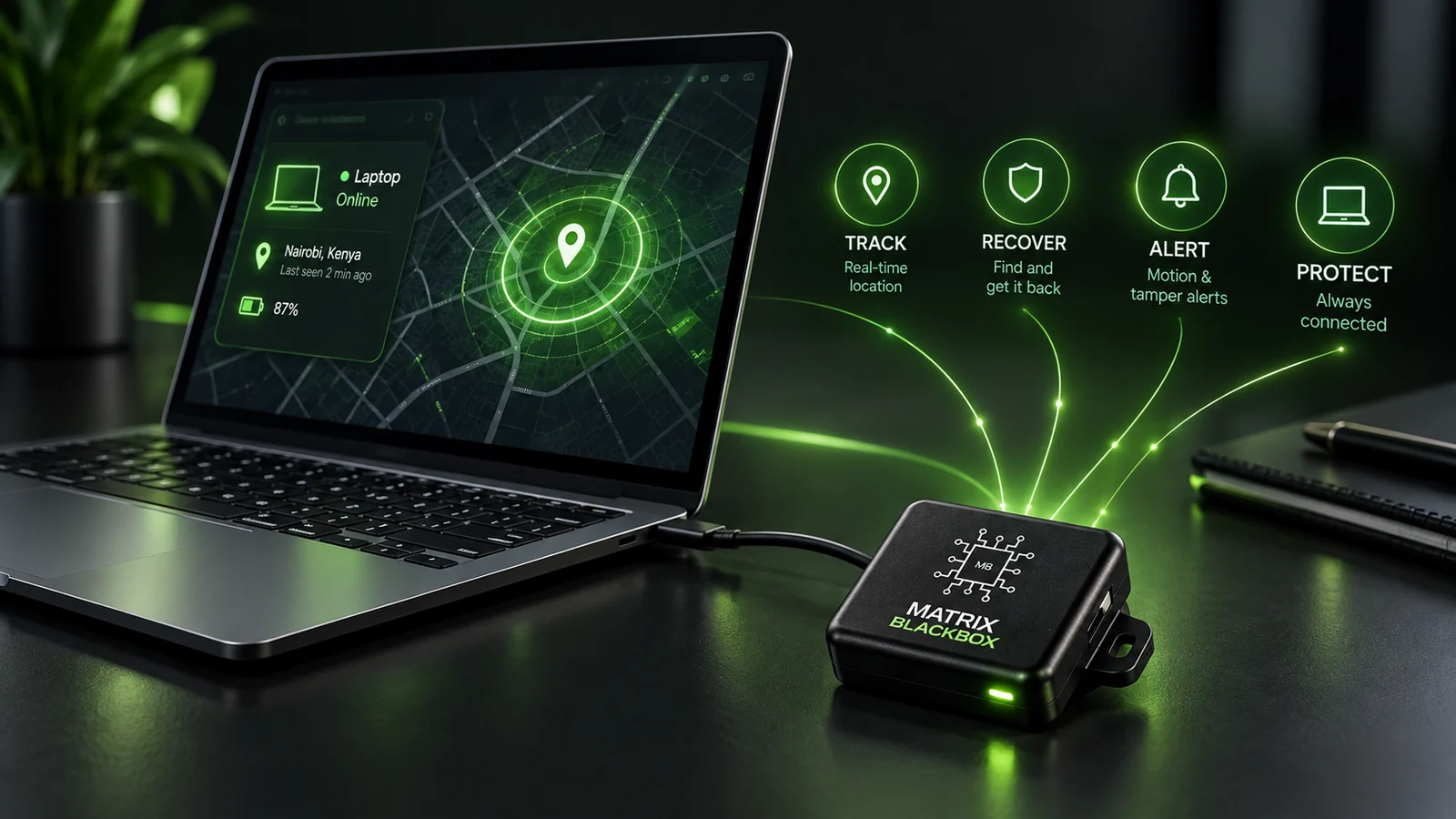 A Matrix Laptop Blackbox concept inside a laptop security and tracking setup.