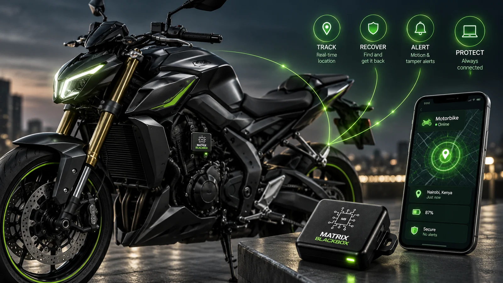 A Matrix Motorbike Blackbox concept shown with a motorcycle tracking setup.