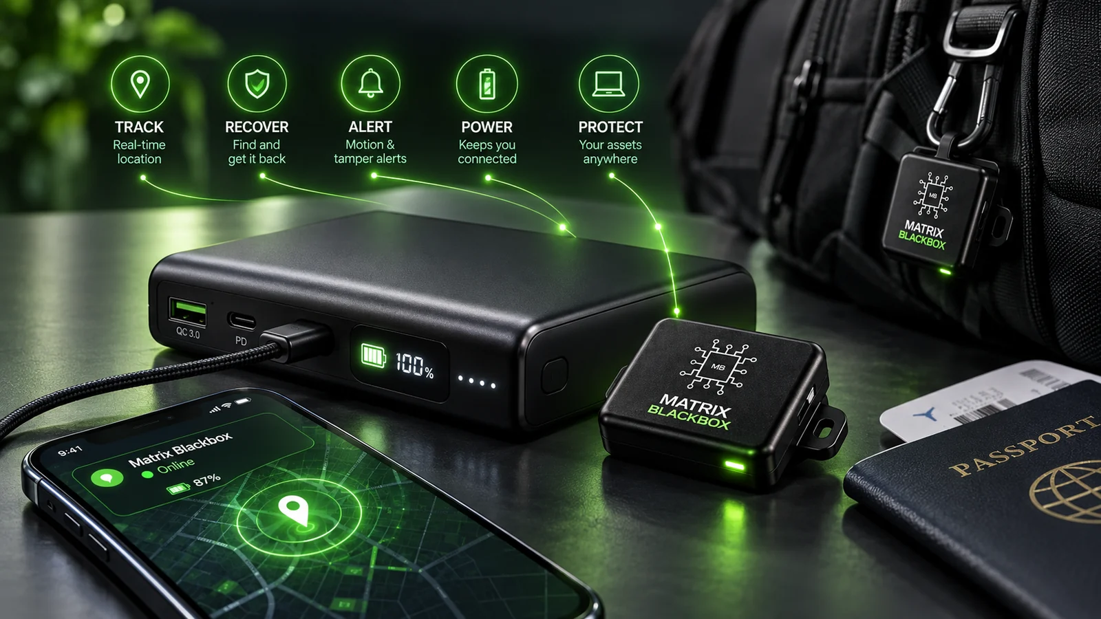 A Matrix Power Bank Blackbox concept shown with a portable power and bag-tracking setup.
