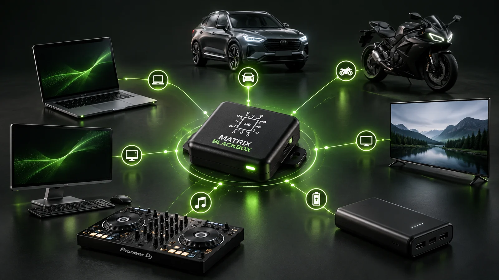 Matrix Blackbox board presented as a universal hardware hub across multiple application types.