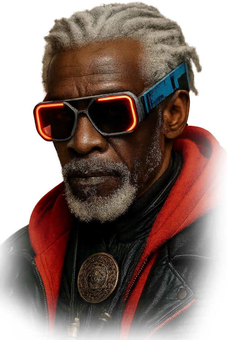 Concept portrait of a person wearing illuminated glasses.