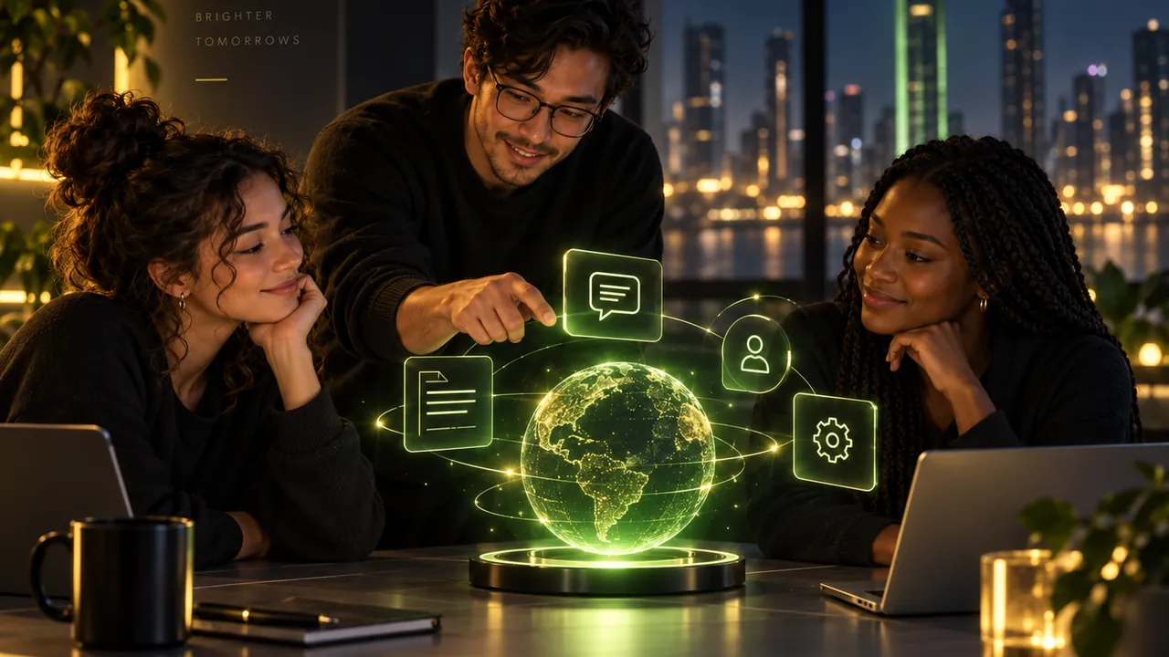 Concept illustration of a small team collaborating around a future-facing digital project workspace.