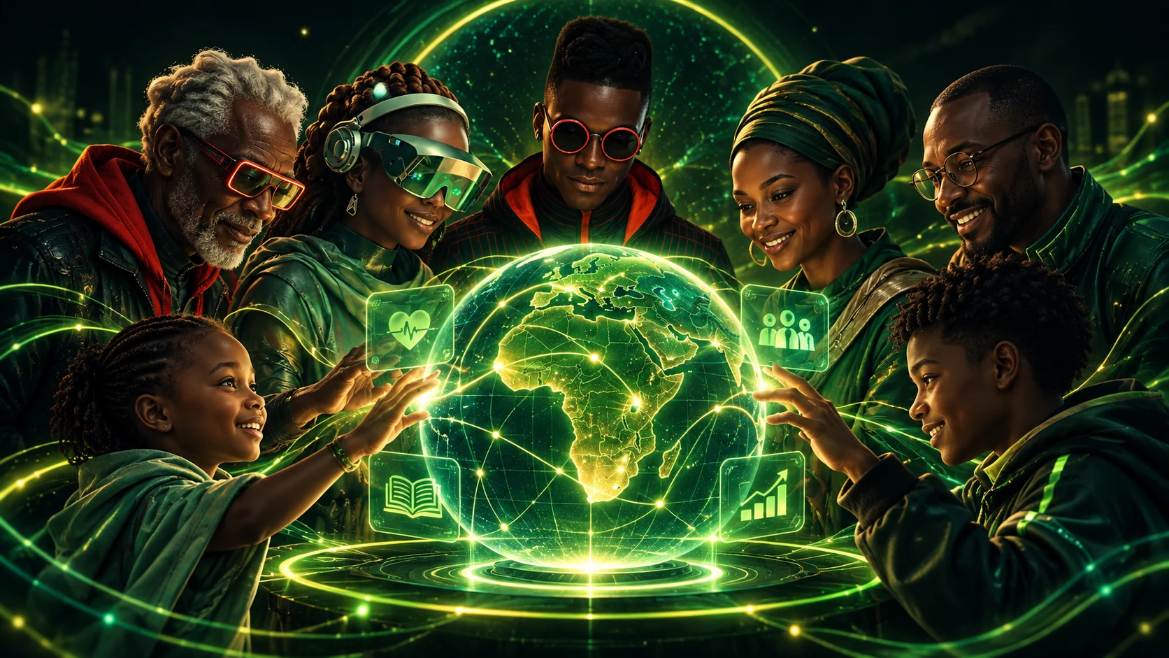 Concept artwork of a multigenerational community gathered around a glowing globe with Africa at its center.
