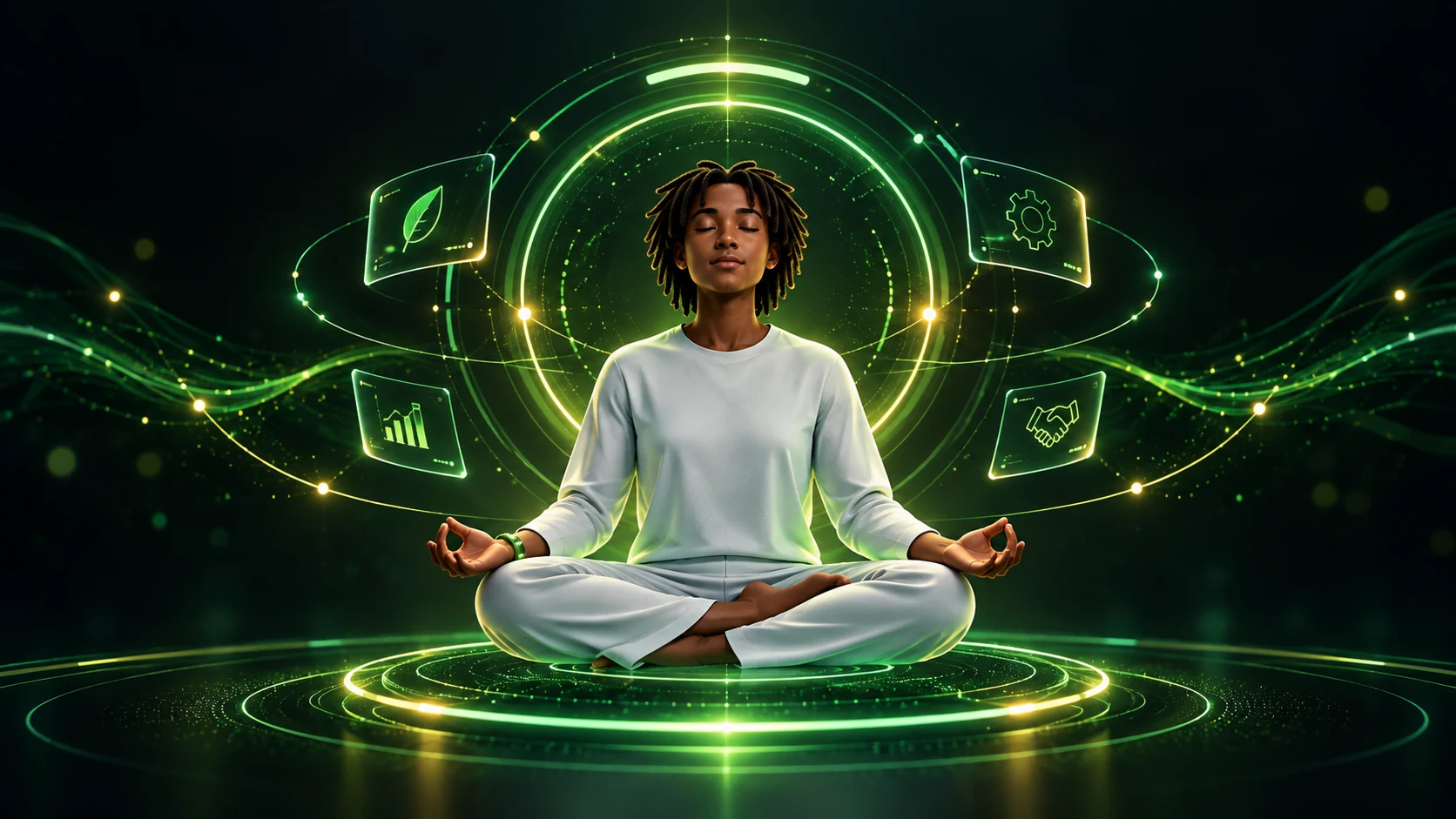 Concept artwork of a person meditating calmly within a ring of responsive digital interfaces.