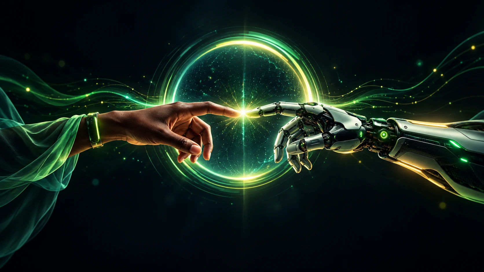 Concept artwork of a human hand and a robotic hand meeting within a green and gold ring of light.