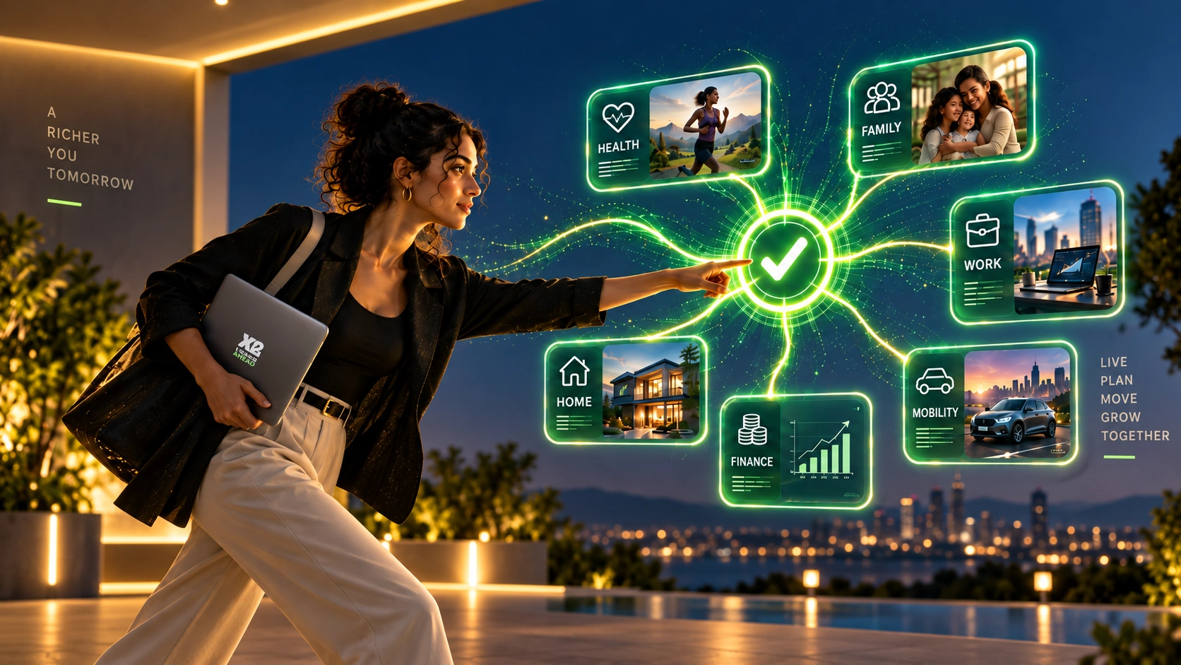 Concept artwork of a person making a choice at a central confirmation symbol, connected to work, wellbeing, finances, family, transport and home.