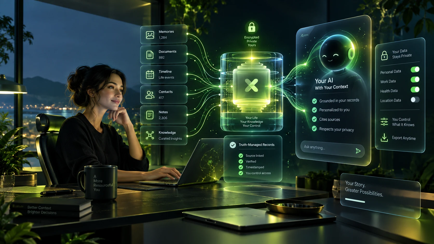 Concept artwork of a person using an AI assistant informed by memories, documents, a timeline, contacts, notes and knowledge, with illustrative permission controls.