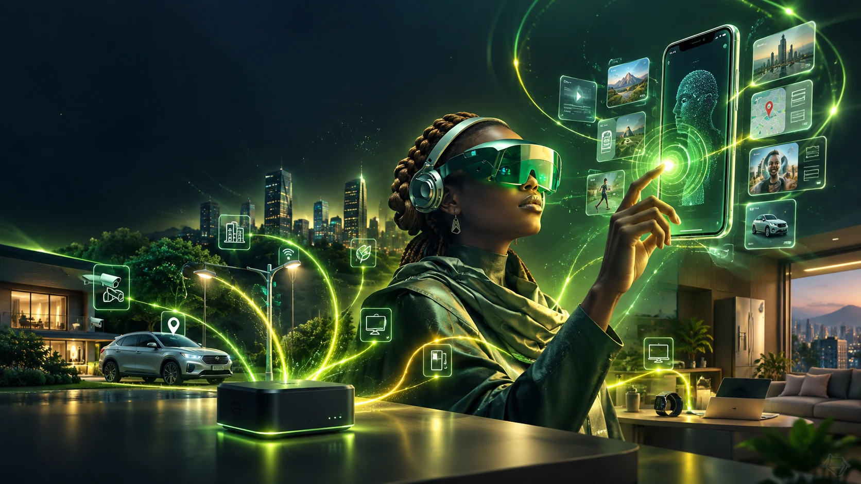 Concept artwork of a person using a lifelog interface, with a Matrix Blackbox device gathering signals from connected property, transport and everyday surroundings.