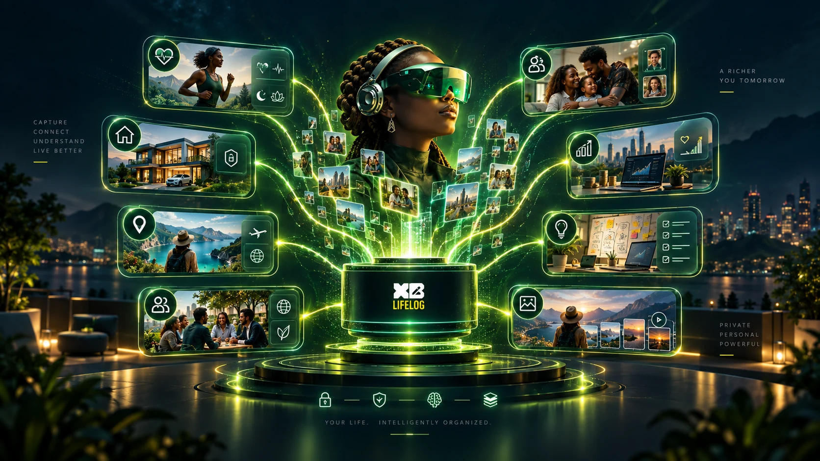 Concept artwork of XB Lifelog surrounded by eight domains: health, family, business, projects, property, places, memories and communities.