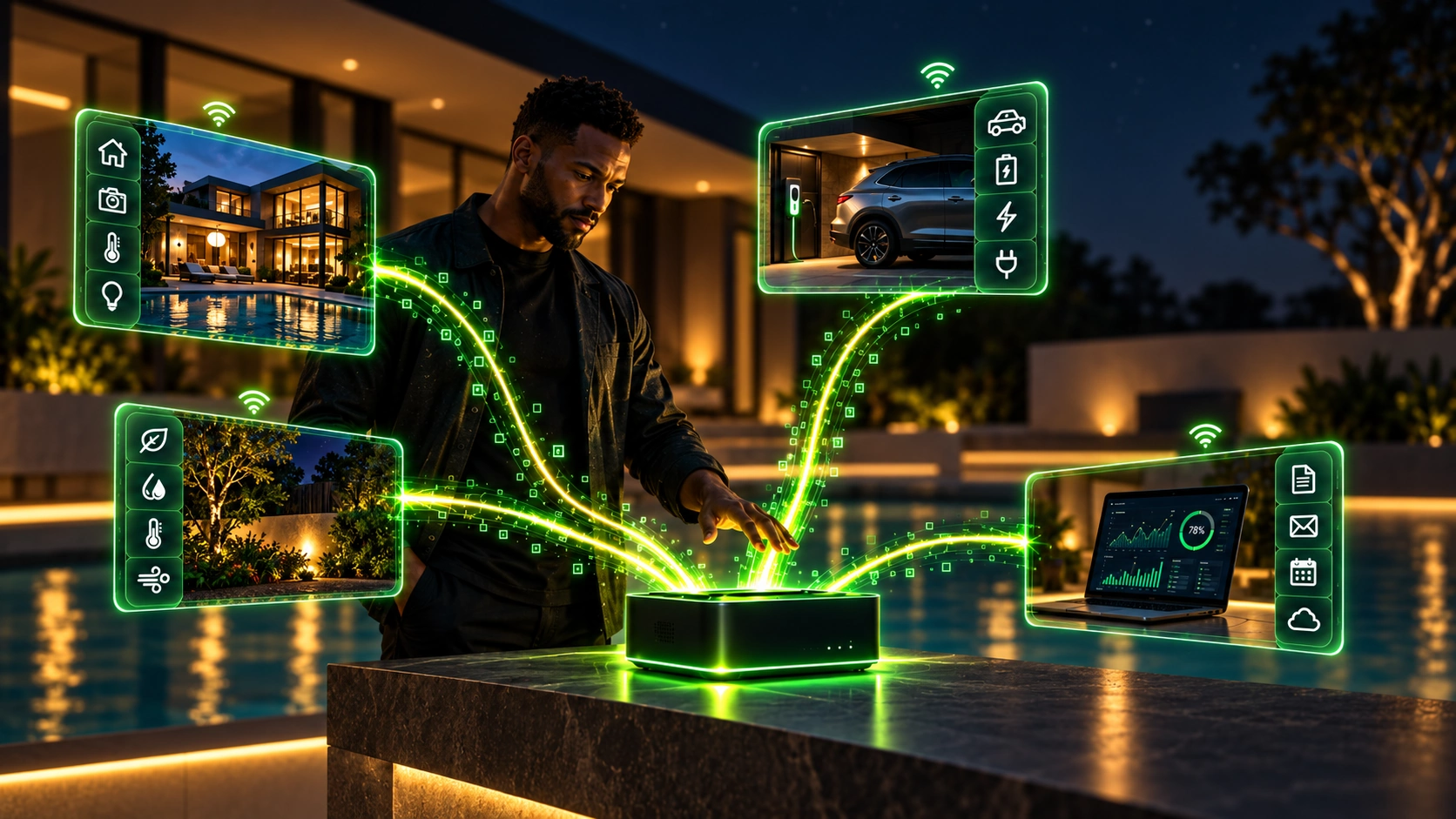 Concept artwork of Matrix Blackbox collecting signals from a laptop, vehicle, environmental sensors and a connected home before relaying them to XB Lifelog.