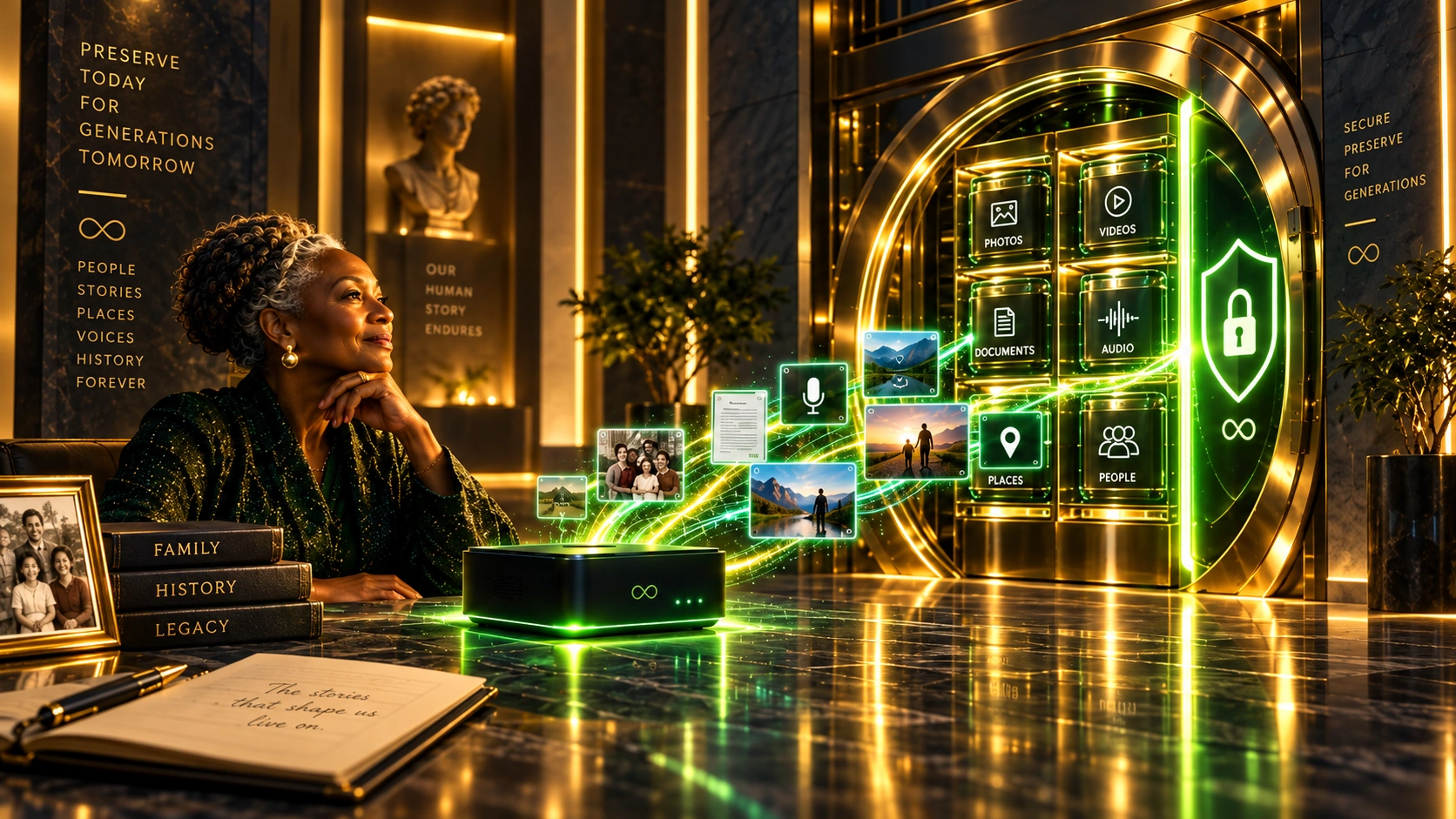 Concept artwork of documents, photos, audio and location records moving from a Matrix Blackbox device into an organised archive vault. Security features are design intentions.