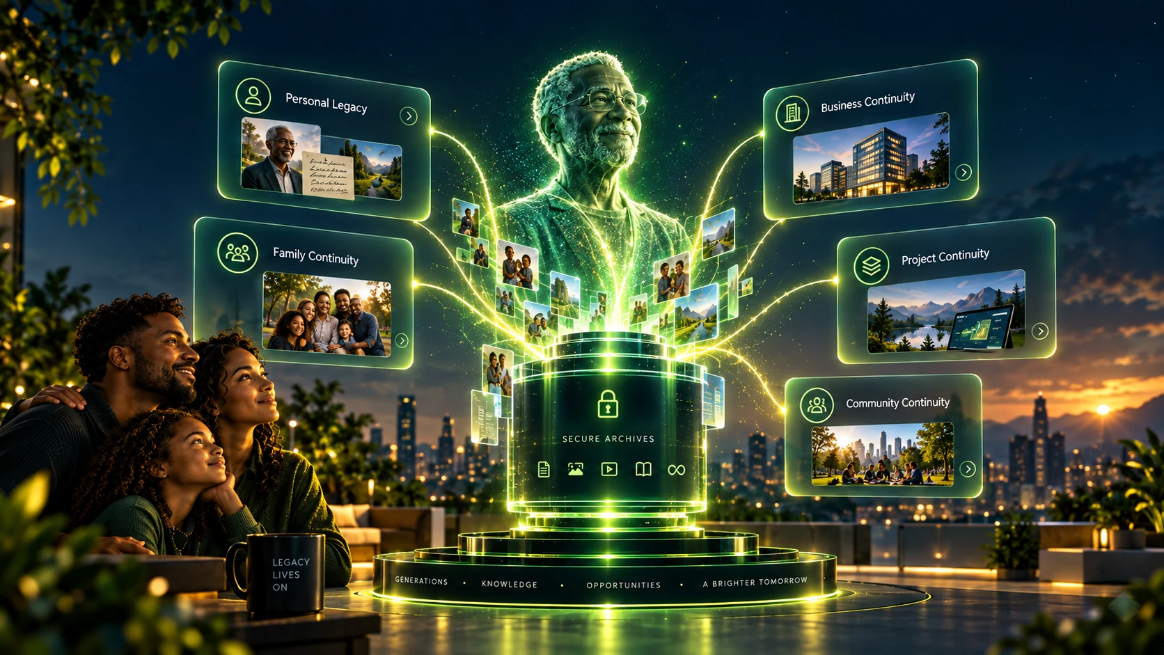 Future-facing concept artwork of a family and a structured archive connecting personal legacy, family continuity, business continuity, project continuity and community continuity.