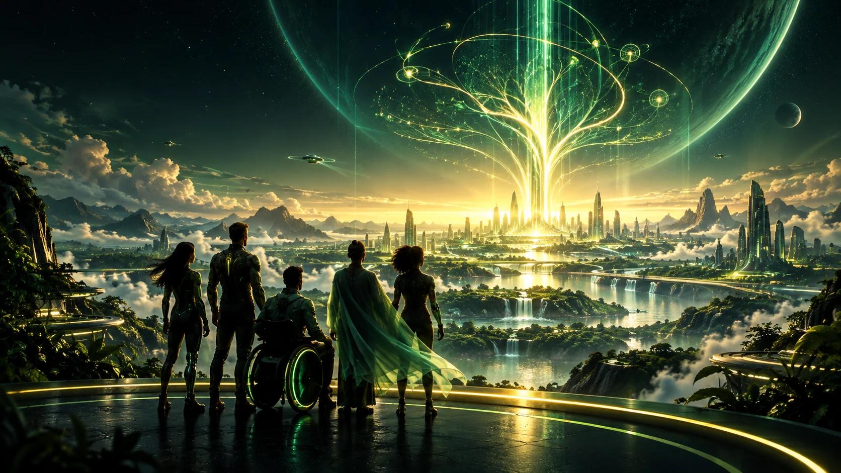 Concept artwork of a group, including a wheelchair user, looking toward a green future city and a luminous tree of light.